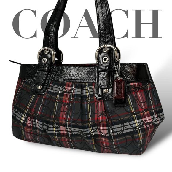 Vintage Coach Tartan Plaid Black Red Shoulder Bag Purse Tote Bag